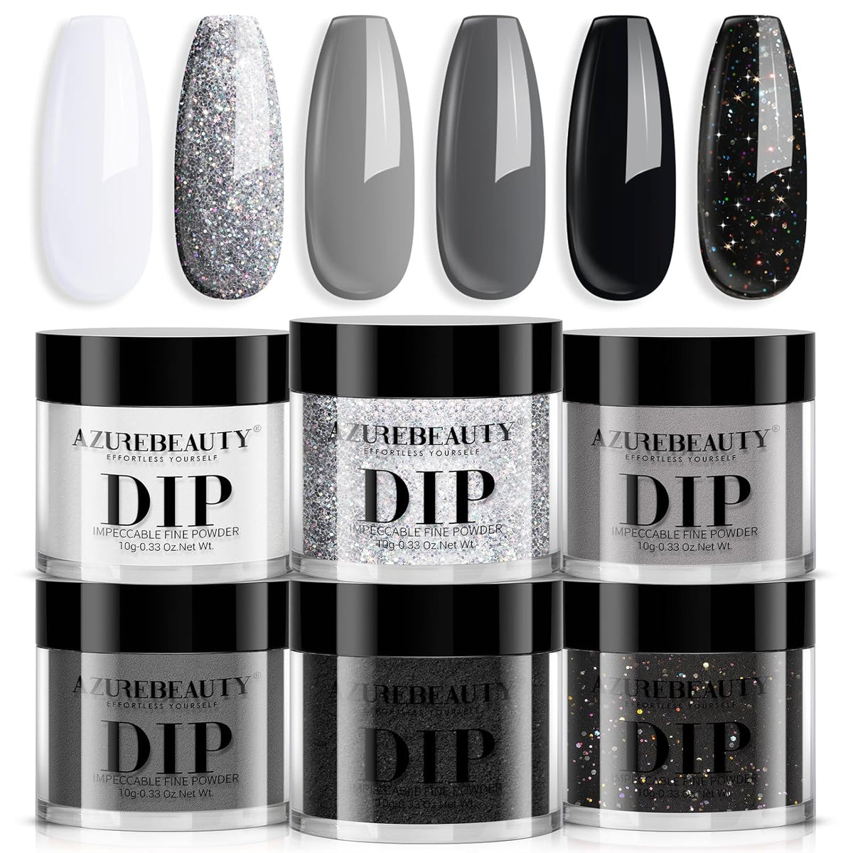 AZUREBEAUTY Dip Powder Nail Basic Set White Black Silver Grey Pure Sparkle 6 Colors All Seasons