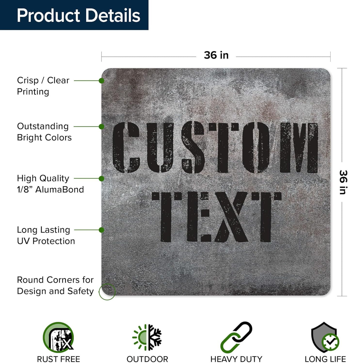 Custom Sign, Custom Street Sign, 11 Font Colors, 13 Font Styles, 4 Hole Options, 22 Sizes, 36x36