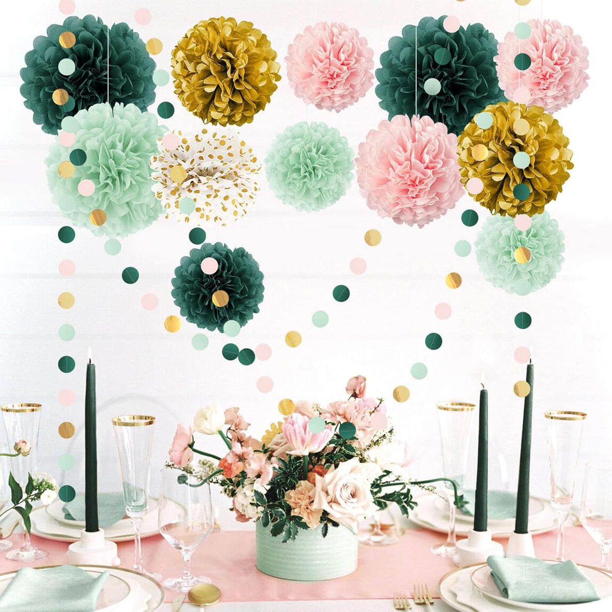 AOBKIAT Wedding Birthday Party Decorations Set,15PCS Sage Green Pink Tissue Paper PomPoms Circle