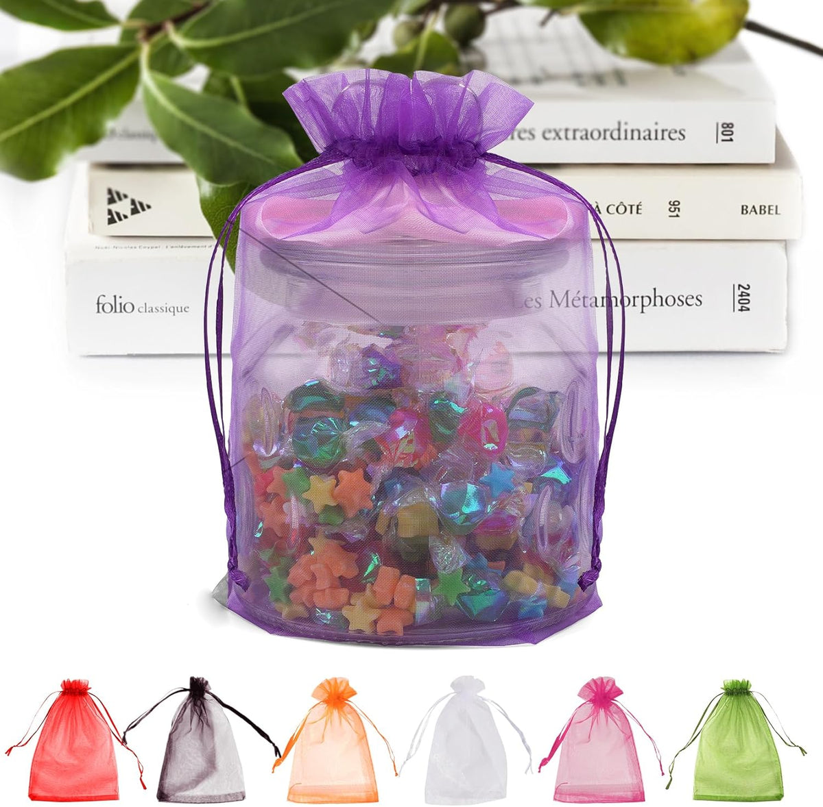 ANZNKU 50 Pack Premium Sheer Organza Bags 6x9 inches, Mesh Bags Drawstring for Halloween, Organza