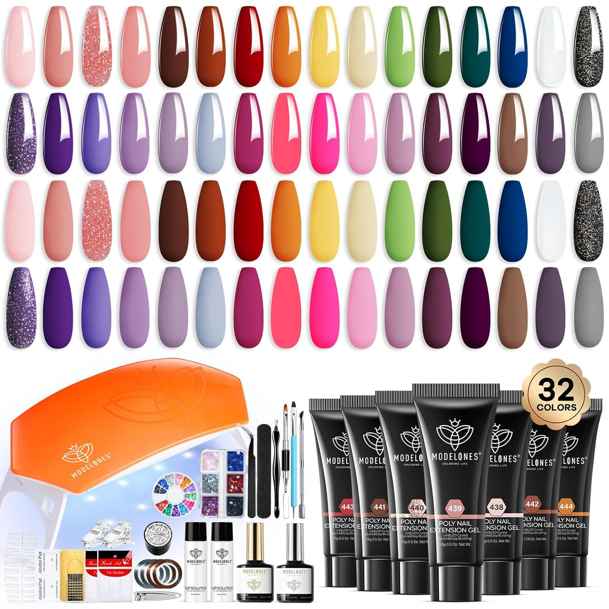 Modelones 133pcs Poly Extension Gel Nail Kit, 32 Colors All Seasons Poly Gel kit with Nail Lamp
