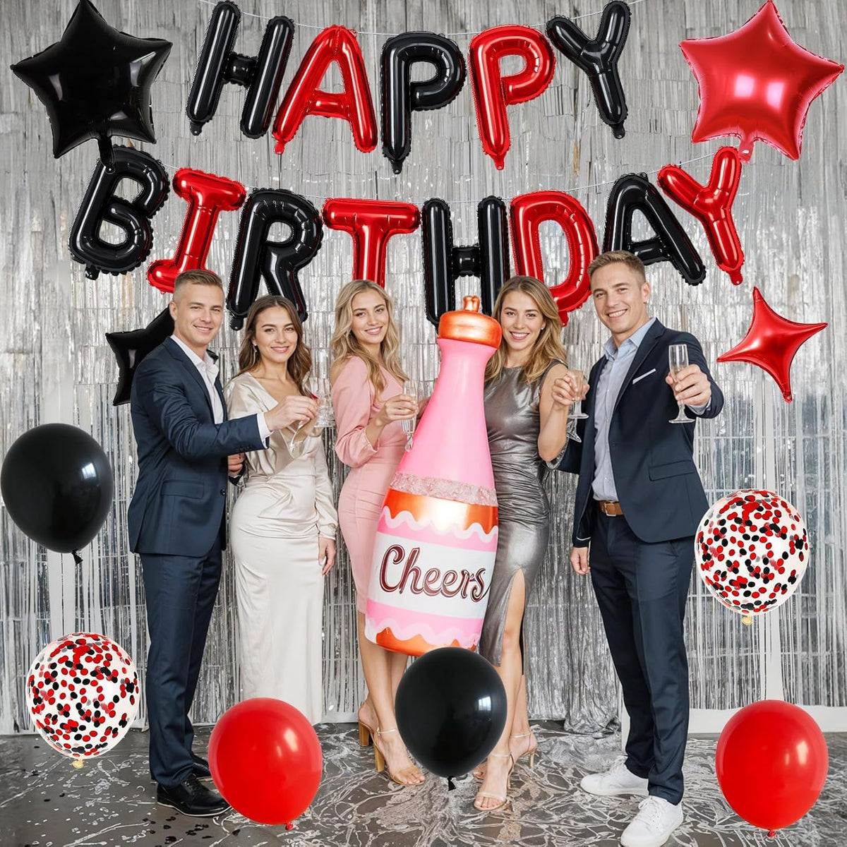 Happy Birthday Balloon Banner Red and Black, 16 Inch Mylar Foil Letter Balloons, Reusable Birthday