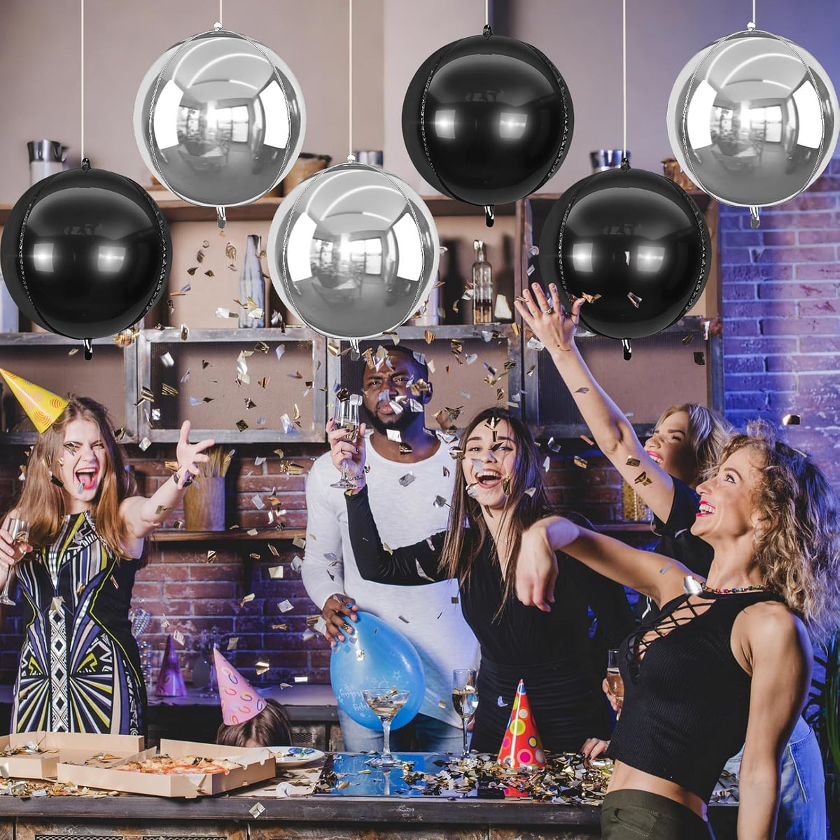 6Pcs Silver Black Round Foil Balloons,Giant 4D Round Ball Balloon,22 Inch Metallic Balloons for