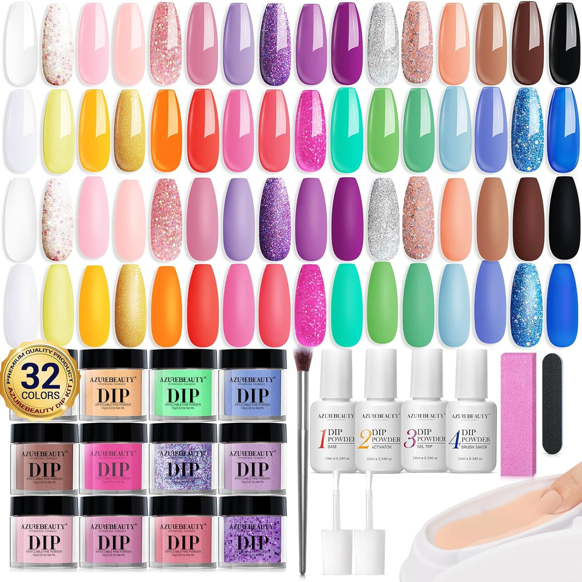 AZUREBEAUTY 42Pcs Dip Powder Nail Kit Starter, 32 Colors Spring Rainbow Bright Pink Red Green