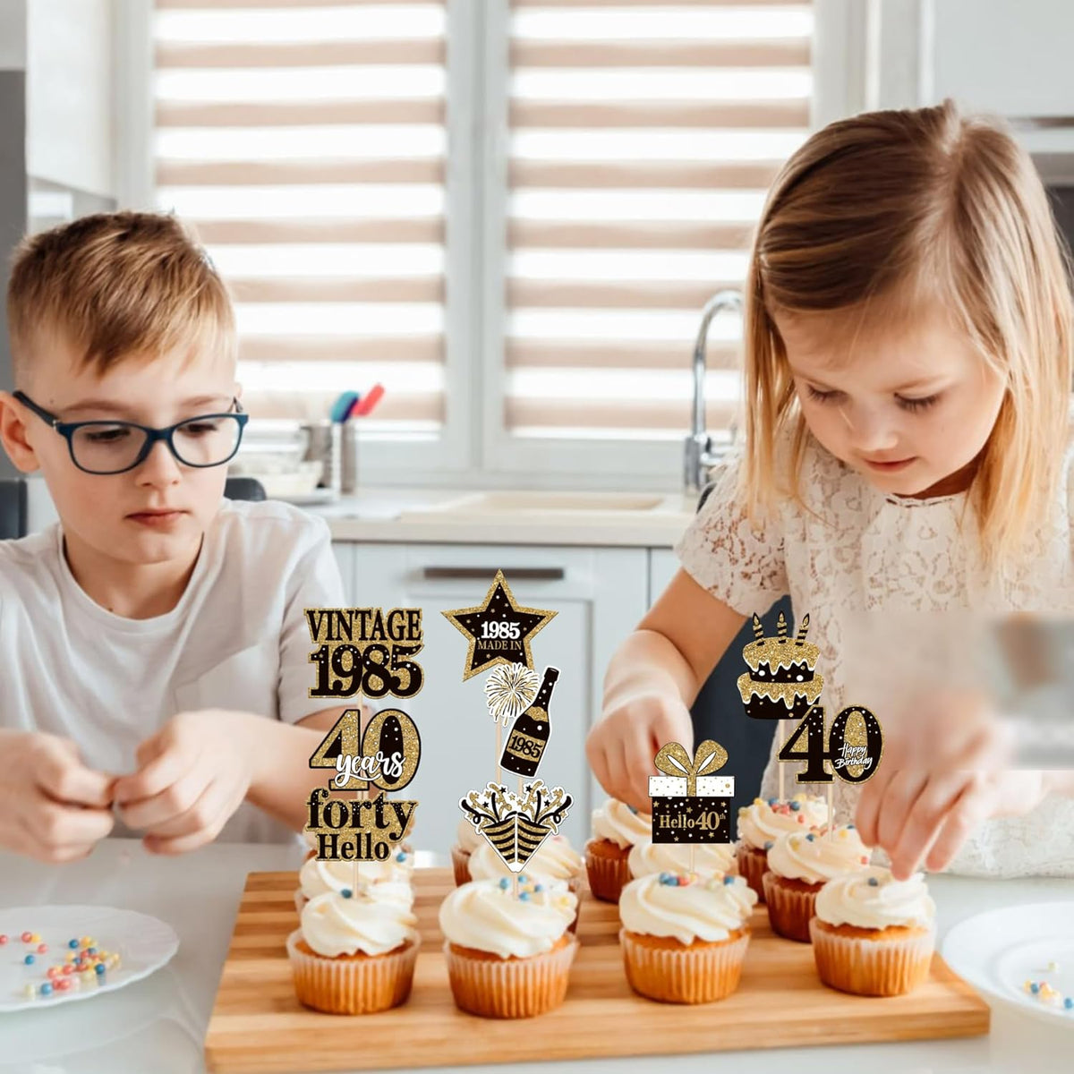 36PCS Happy 40th Birthday Cupcake Toppers Double Sided Black Gold Forty Hello 40 Vintage 1985