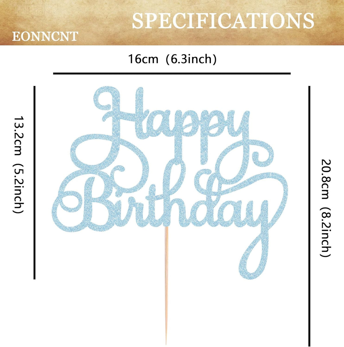 Happy Birthday Cake Topper - Light Blue Glitter Birthday Party Cake Decoration Supplies - Happy