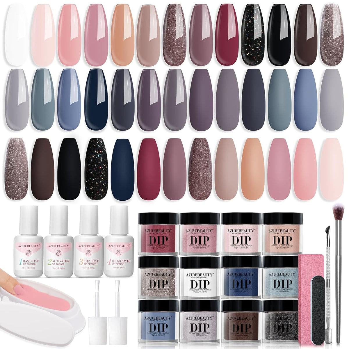 AZUREBEAUTY 31 Pcs Dip Powder Nail Kit Starter All Season 20 Colors Glitter Nude Gray Acrylic Nail