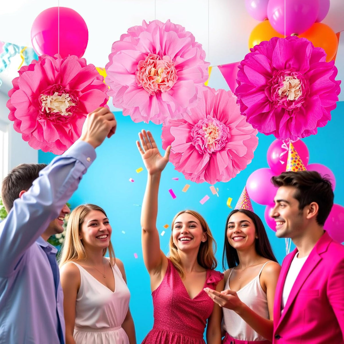 SUNBEAUTY 20" Giant Hot Pink Tissue Paper Flowers - 4 PCS Large Crepe Tissue Fiesta Flowers Party