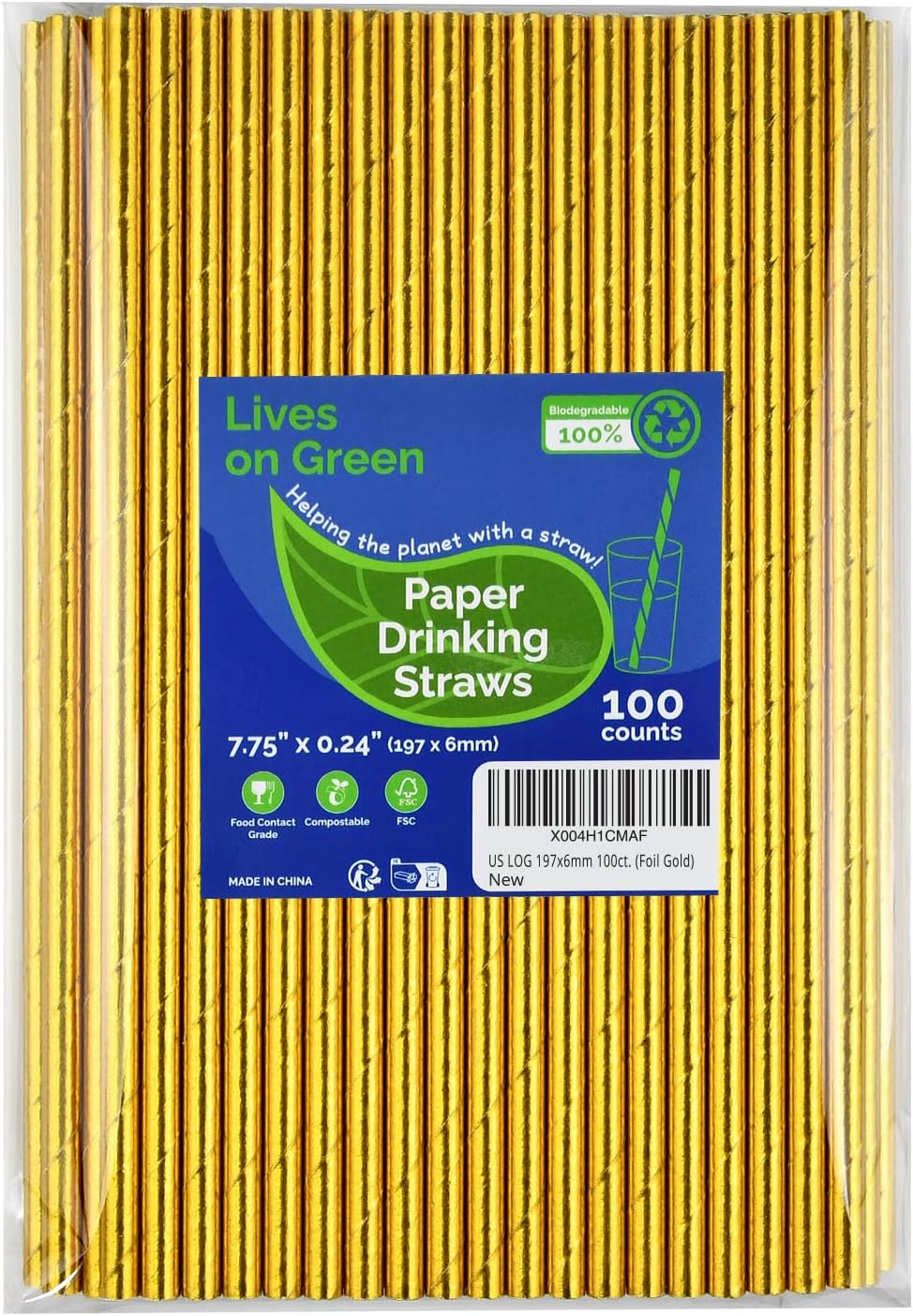 7.75 inch Compostable Gold Paper Straws 100 Counts - for Drinking, Cocktails, Party, Wedding