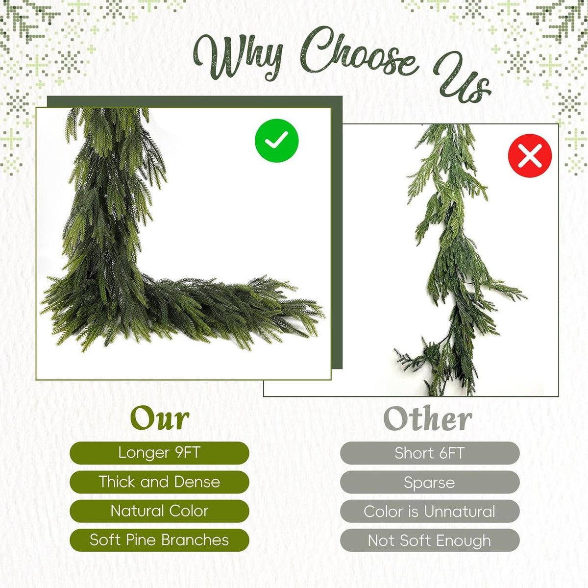 N&T NIETING 2 PCS Christmas Garland Norfolk Pine Garland Real Touch Faux Christmas Greenery Xmas