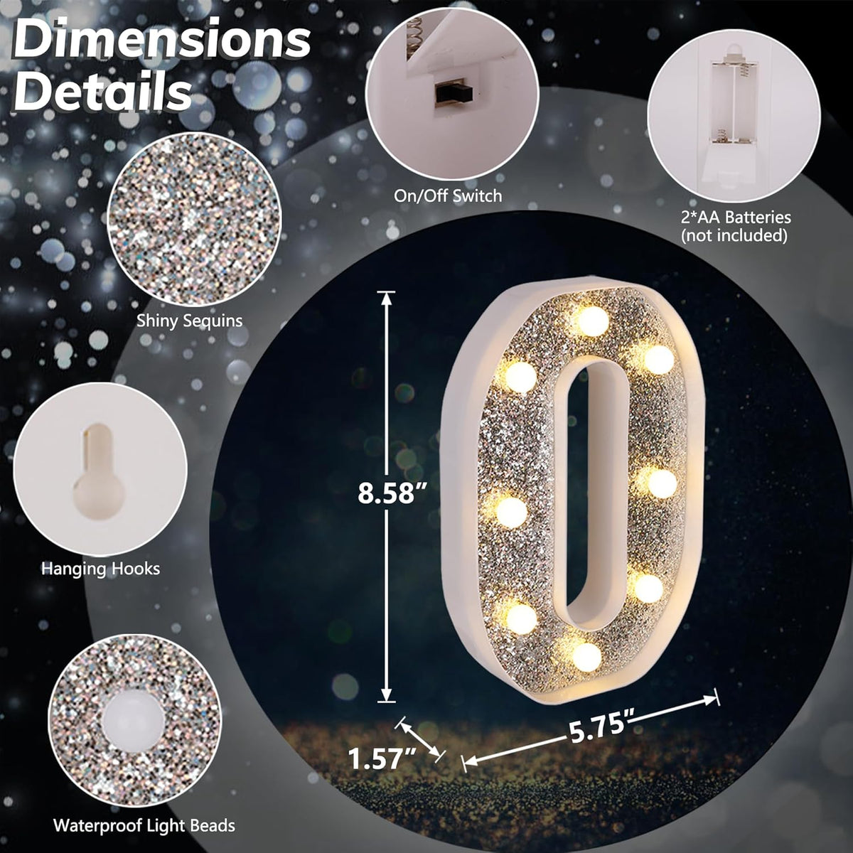 Marquee Light Up Letters, Glitter Silver LED Letter Lights Battery Powered Alphabet Letter Sign for