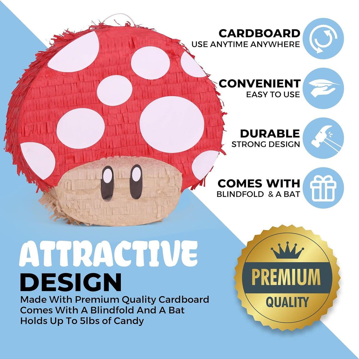 Mushroom Pinatas Bundle with a Blindfold and a Bat(16.5 x 12 x 3.5 Inches), Perfect for kid's