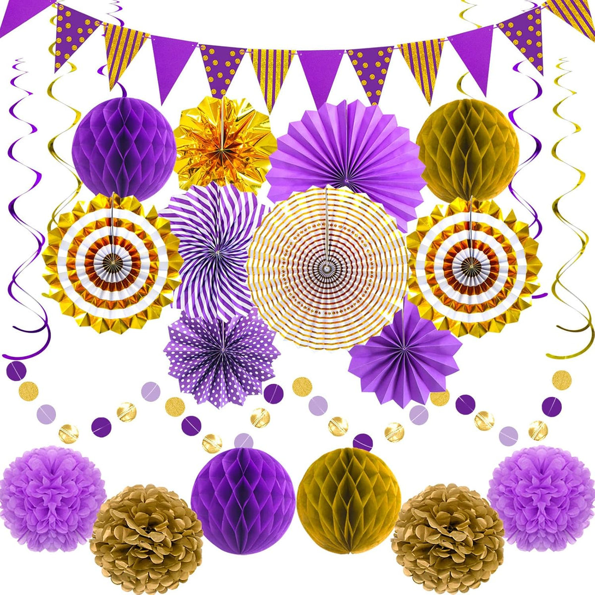 Purple Gold Party Decorations Paper Fans, Graduation Season Hanging Glitter Triangle Flags Banner
