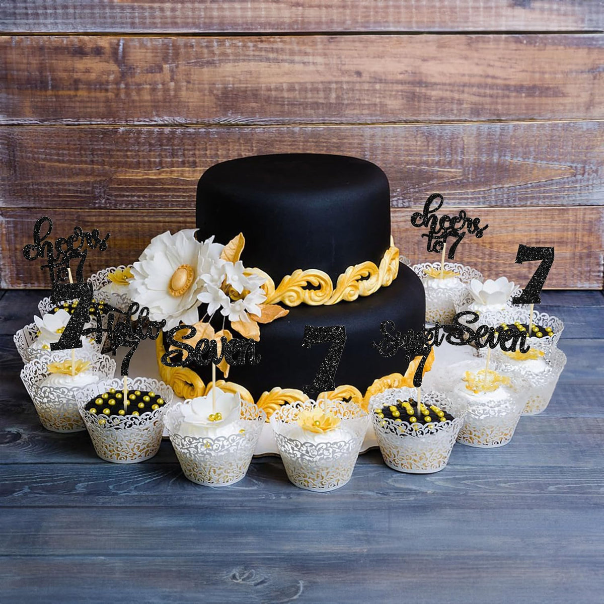 30Pcs 7th Birthday Cupcake Toppers Glitter Seven Happy 7 Cupcake Picks Cheers to 7 Years Old Cake