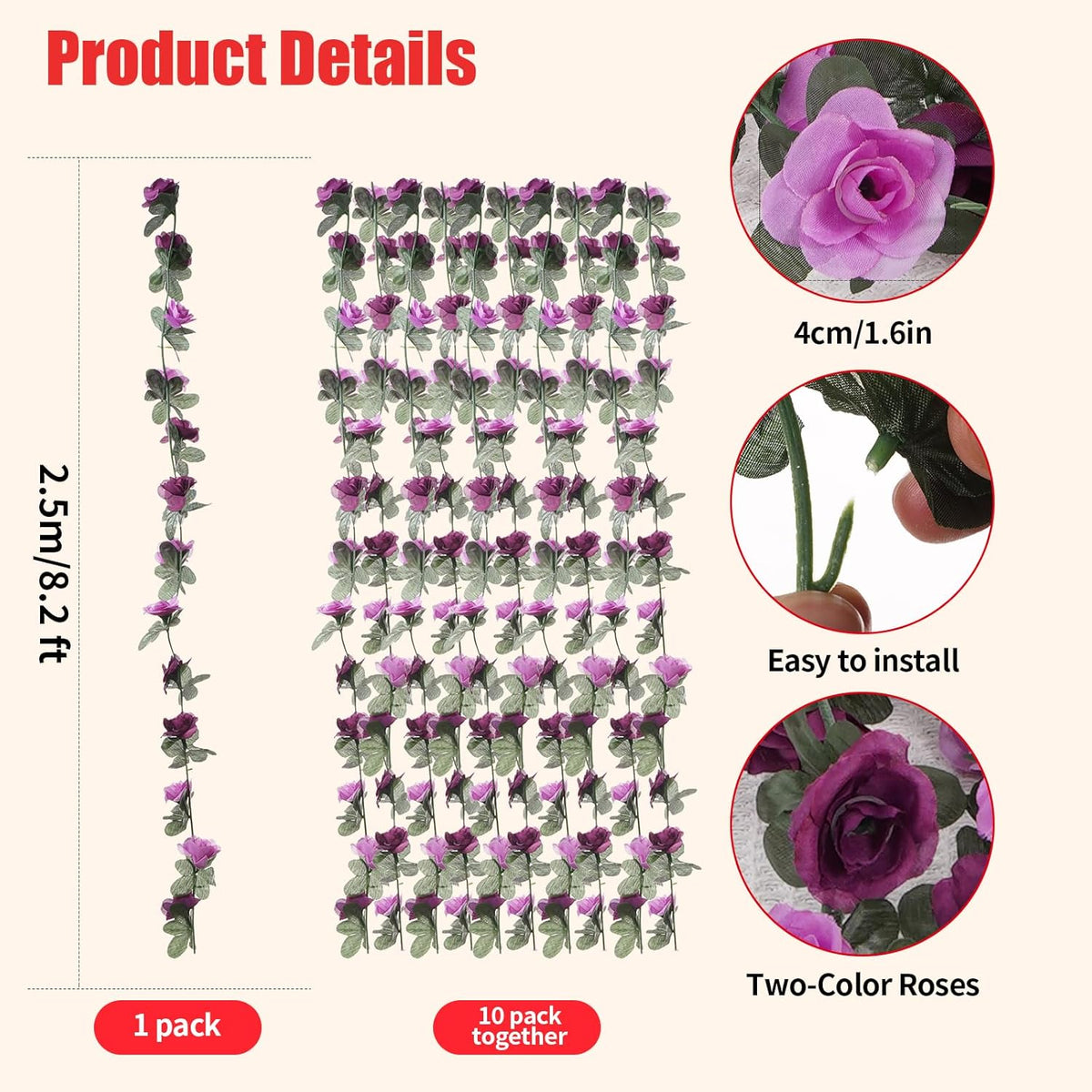 10 Pcs 82FT Flower Garland, Artificial Rose Garland Flowers Plants Fake Flower Hanging Rose Ivy