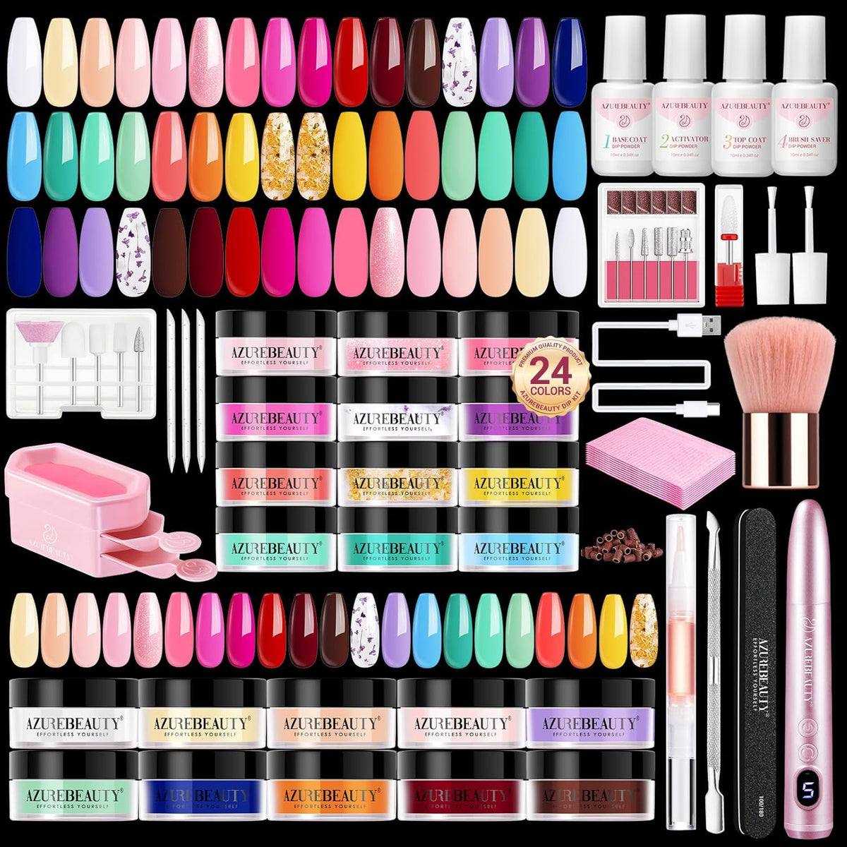 AZUREBEAUTY Dip Powder Nail Kit with Electric Nail Drill 24 Colors Bright Green Pink Orange Nail