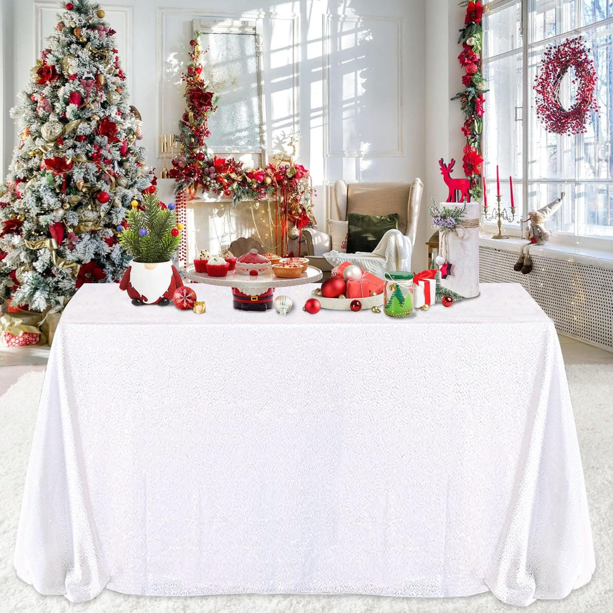 QueenDream Sparkly Sequin Tablecloth - White Table Cloth 50x80 Inches Rectangle Table Overlay