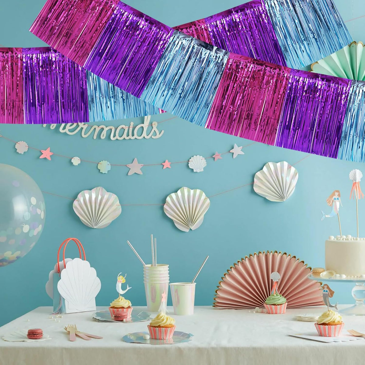 BEISHIDA 3 Packs Metallic Foil Fringe Garland Blue Purple Pink Wall Hanging Tinsel Fringe Banners