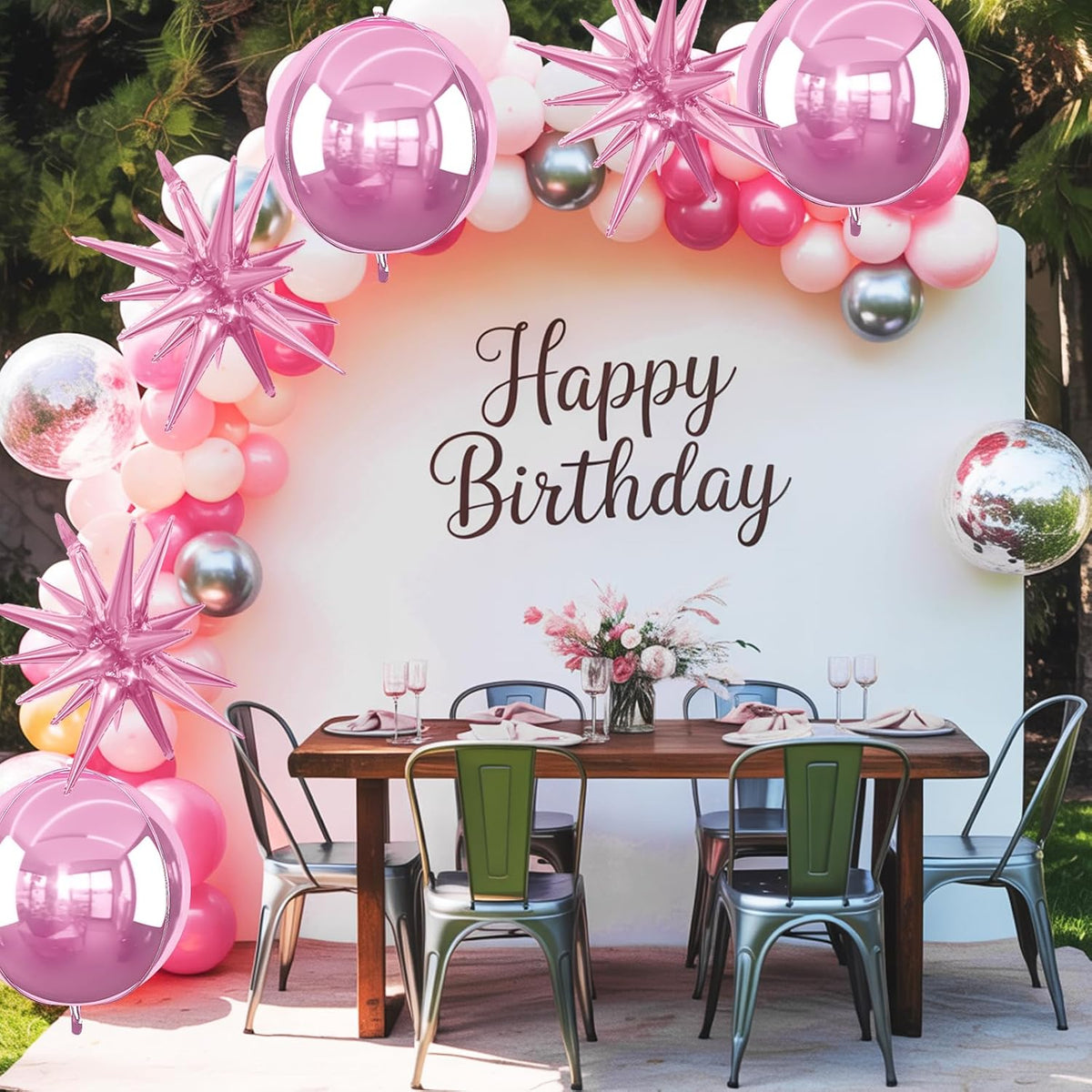 6Pcs Pink Foil Balloons,22Inch Light Pink 4D Round Ball Balloon and Explosion Star Balloon for