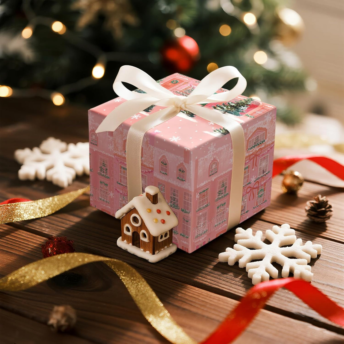 LeZakaa Pink Christmas Wrapping Paper Roll for Girls Kids, Winter Street Scene Romantic Townhouse