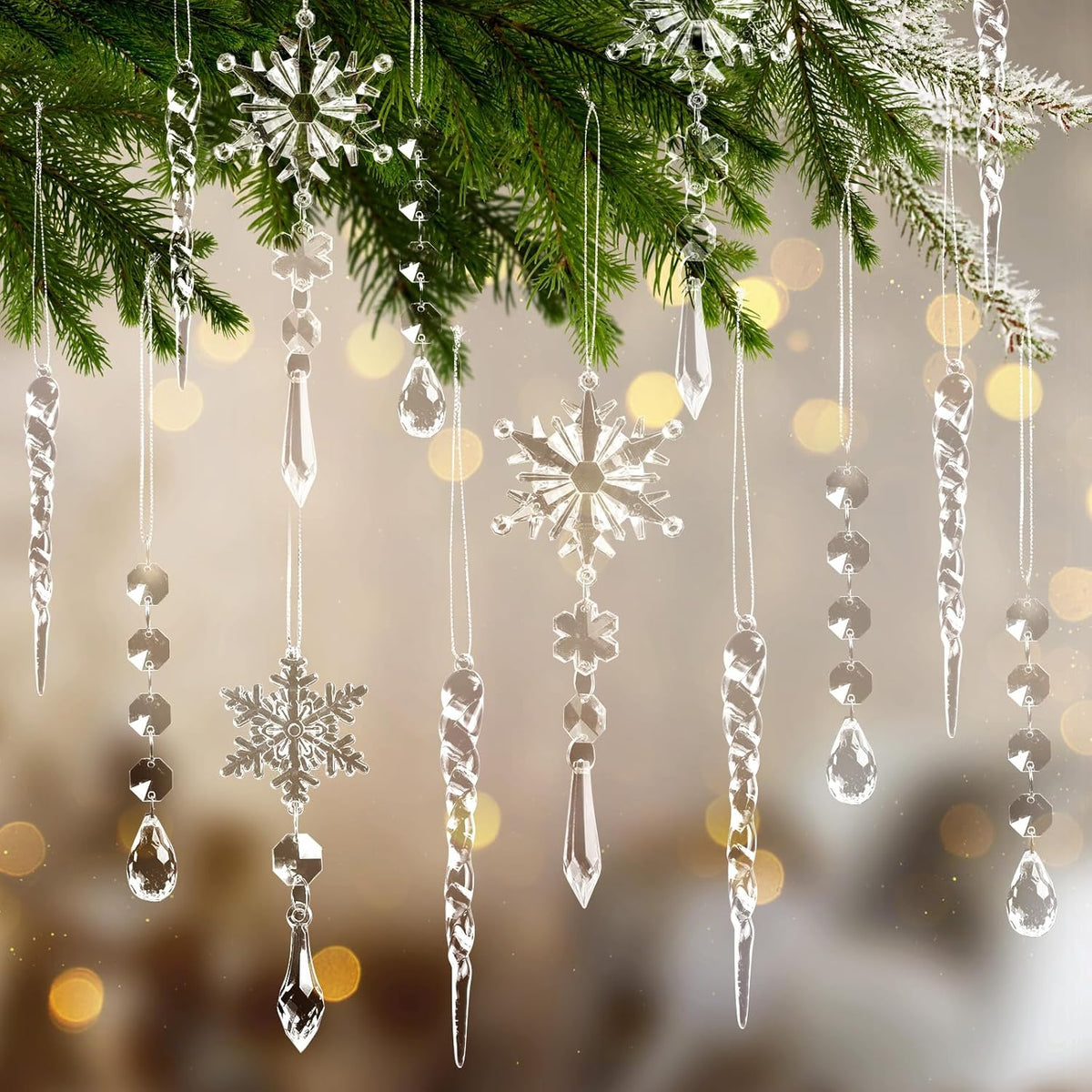 20pcs Christmas Ornaments Set for Tree - Hanging Acrylic Crystal Snowflake Icicle Drop Decorations