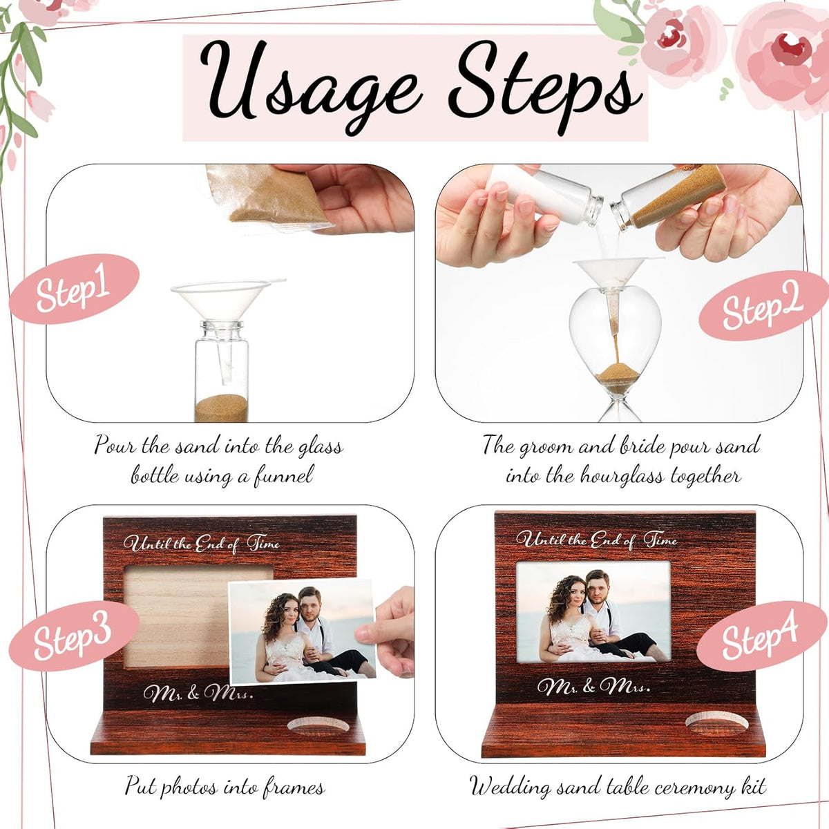 Blosssound Wedding Sand Ceremony Set Wooden Photo Frame, Hourglass Funnel, Sand, Glass Bottles, Mr