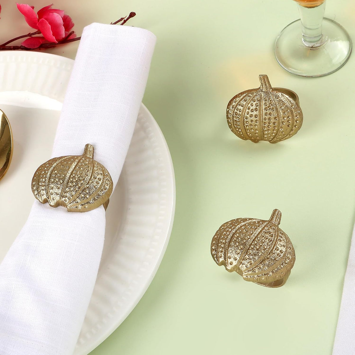 Gold Lightweight Metal Napkin Rings Set of 12 - Pumpkin Elegant Napkin Holders Modern Serviette