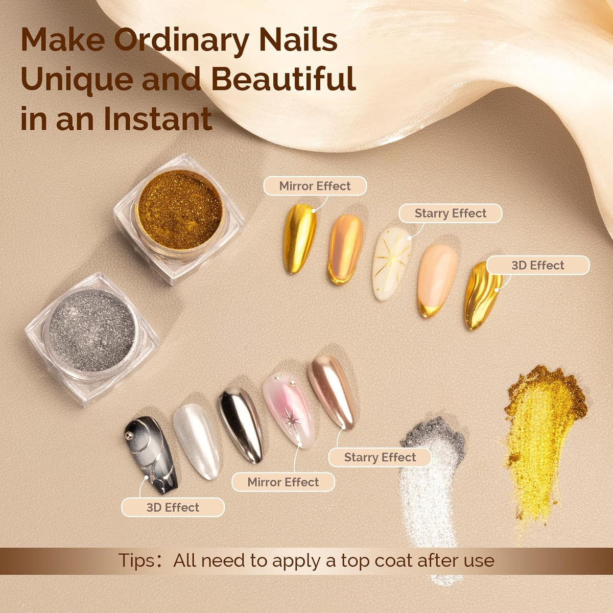 MelodySusie 2Pcs Chrome Nail Powder for Gel Nails,Metallic Mirror Effect Pigment Stylish and