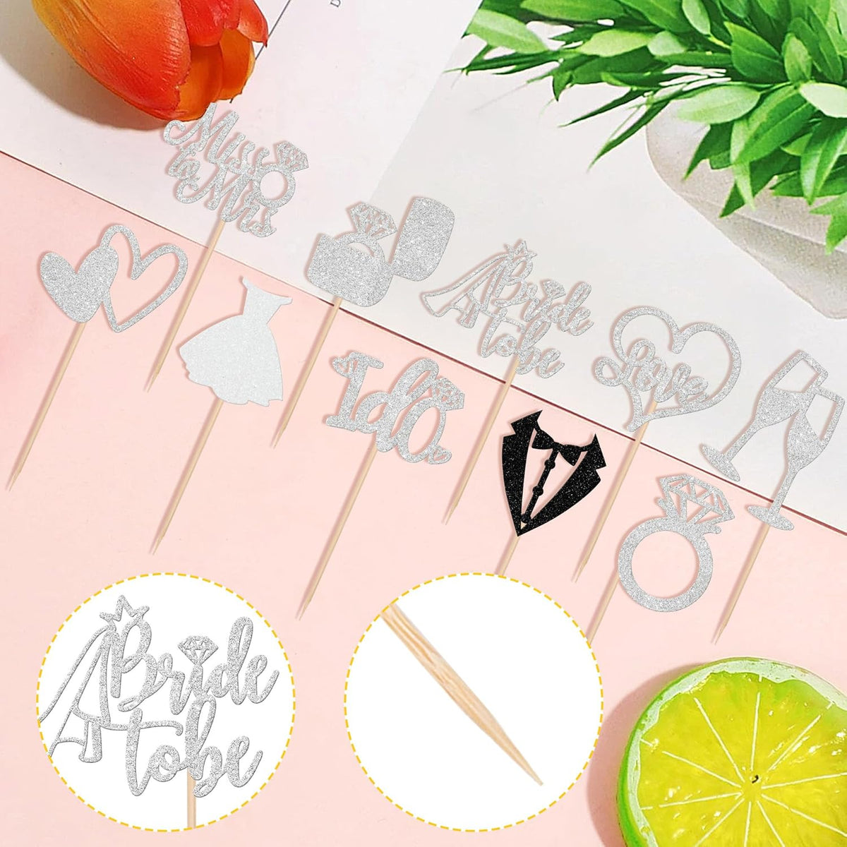30 PCS Bride to Be Cupcake Toppers Glitter Wedding Cupcake Decorations I Do Love Heart Ring Miss to