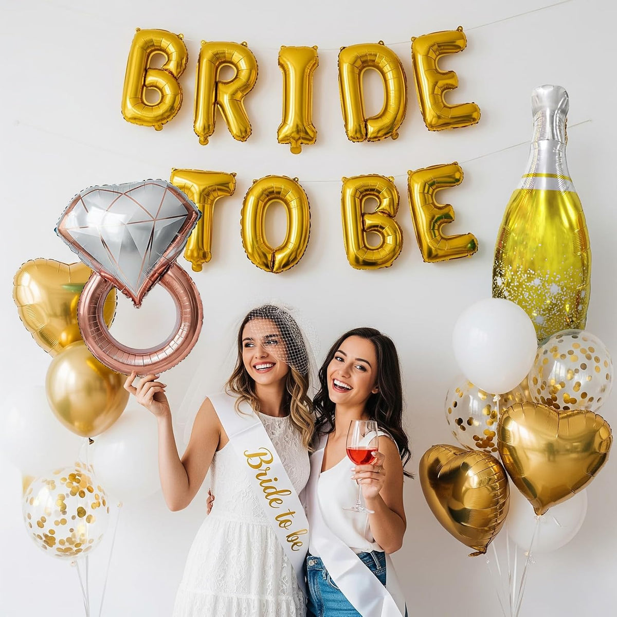 Gold Decorations pearl White balloons Bridal Veil BRIDE TO BE Balloons Sash with Diamond Ring Heart