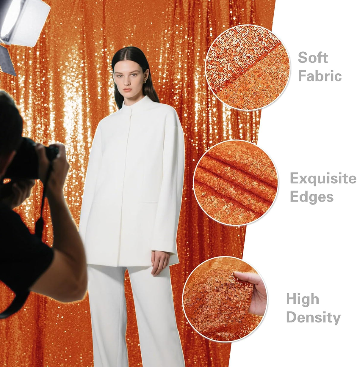 Orange Sequin Backdrop Curtain 2 Pieces 2FTx8FT Glitter Photography Backdrop for Party Wedding