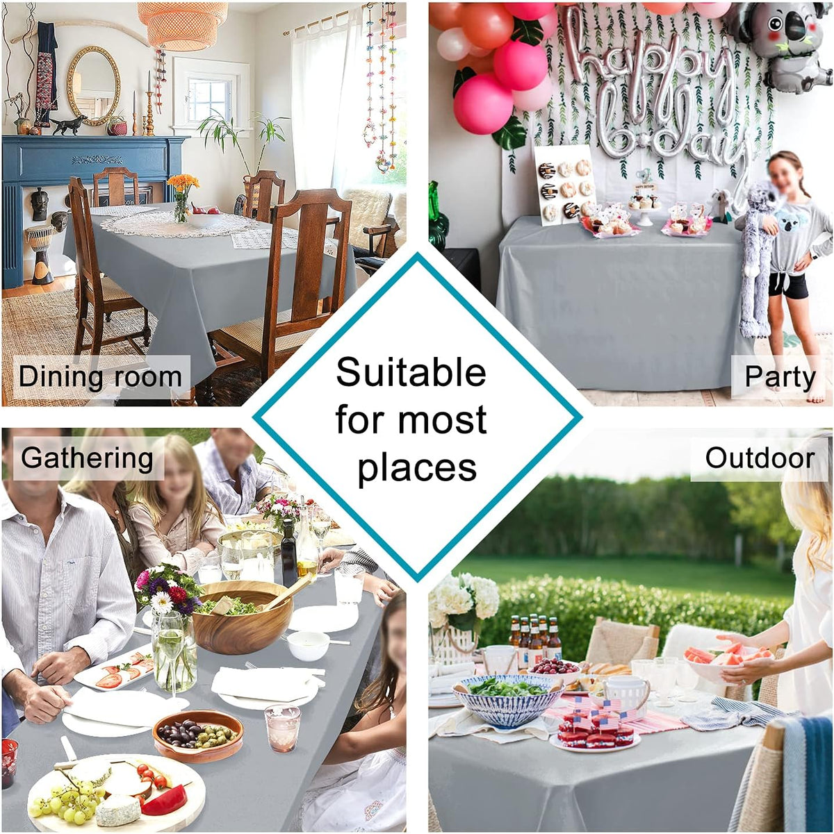 Hiasan Silver Grey Rectangle Tablecloth - Waterproof and Spillproof Washable Fabric Table Cloth for