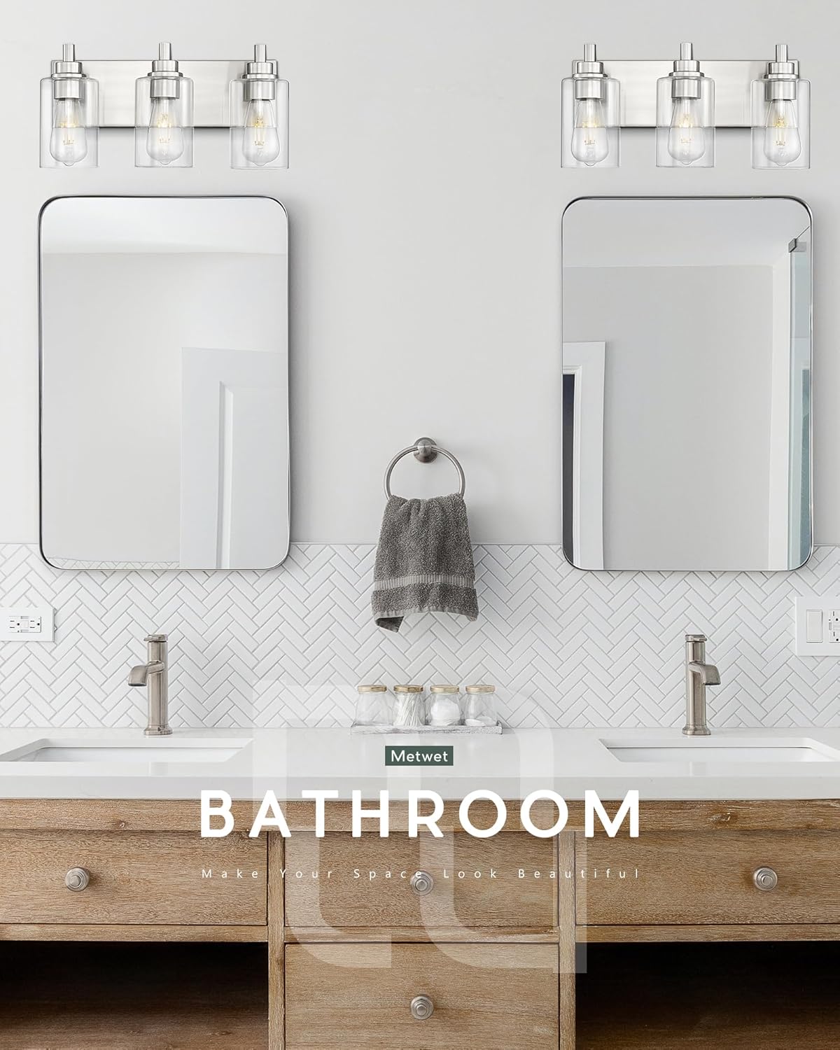 3-Light Bathroom Light Fixtures, Brushed Nickel Vanity Light with Cylinder Clear Glass Shade