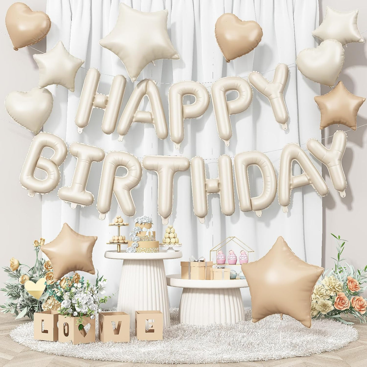 Happy Birthday Balloon Banner Cream, 16 Inch Beige Mylar Foil Letter Balloons, Boho Neutral
