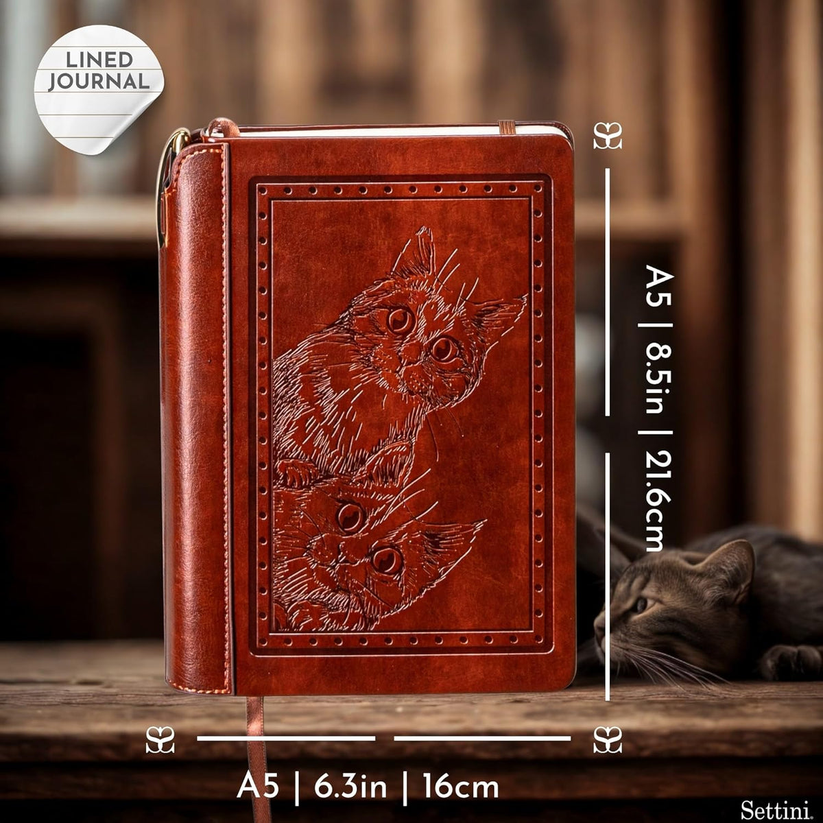 SETTINI® Lined Journal - Cat Journal for Writing Gift Set - Hardcover Vegan Leather, Includes