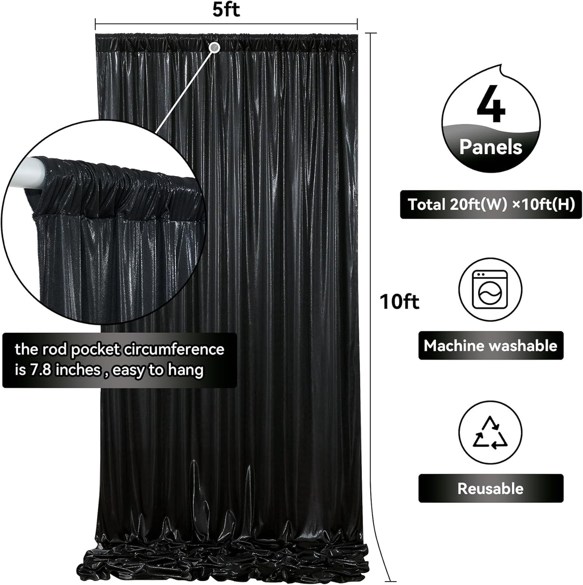 20ftx10ft Black Sequin Backdrop Curtain Panels for Parties, Wrinkle Free Glitter Photo Backdrop