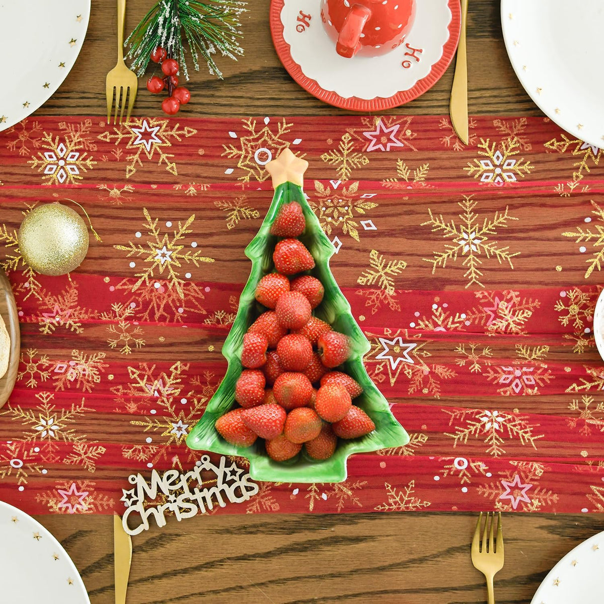 Artoid Mode Red Gold Snowflakes Christmas Gauze Table Runner 120 Inch 10FT, Winter Seasonal Sheer