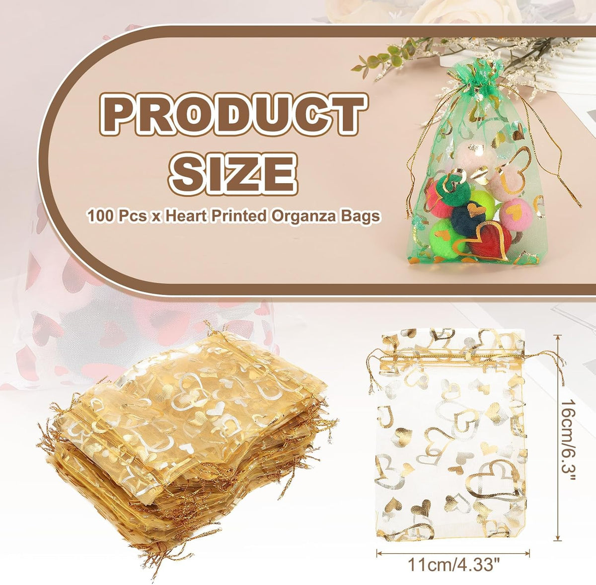 PATIKIL 100 Pcs 4x6 Inch Heart Printed Organza Bags, Gold Sheer Heart Organza Bags with Drawstring