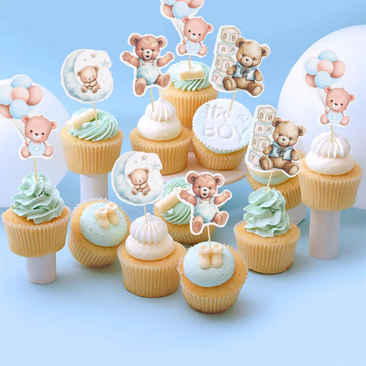 Gyufise 32Pcs Baby Shower Bear Cupcake Toppers Moon Baby Bear Baby Shower Cake Topper Decorations