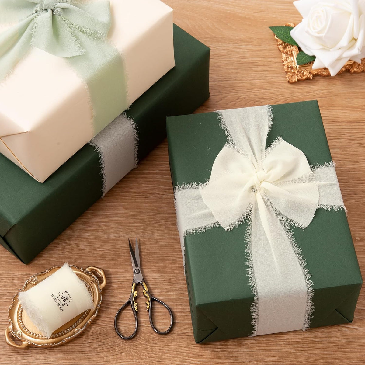 DORIS HOME Cream White Chiffon Ribbon for Flower Bouquet, 2" x21Yd Fabric Ribbon for Gift Wrapping