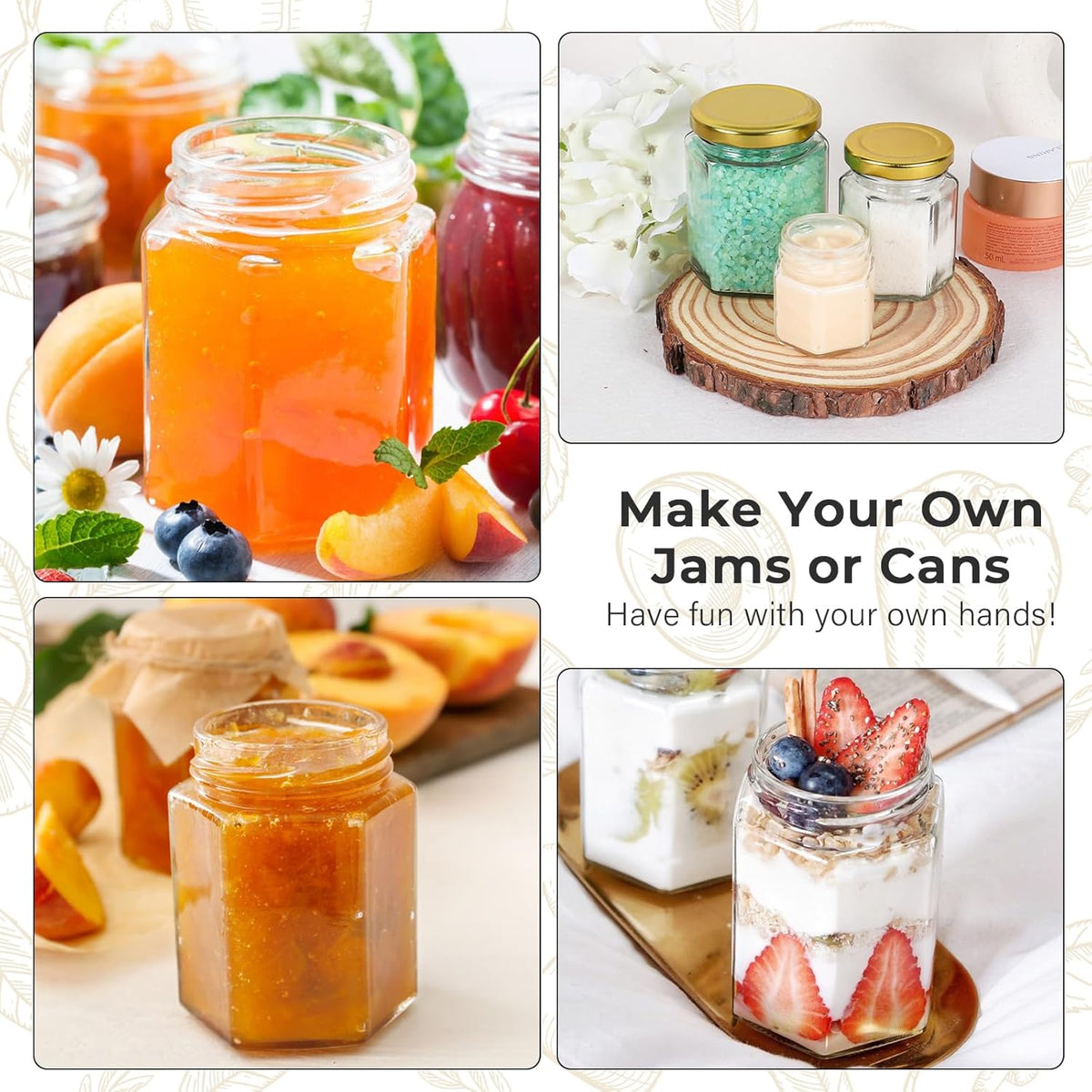 9 oz Hexagon Glass Jars with Gold Lids, 20 Pcs Canning Jars for Jam, Honey, Jelly, Candy, Candle