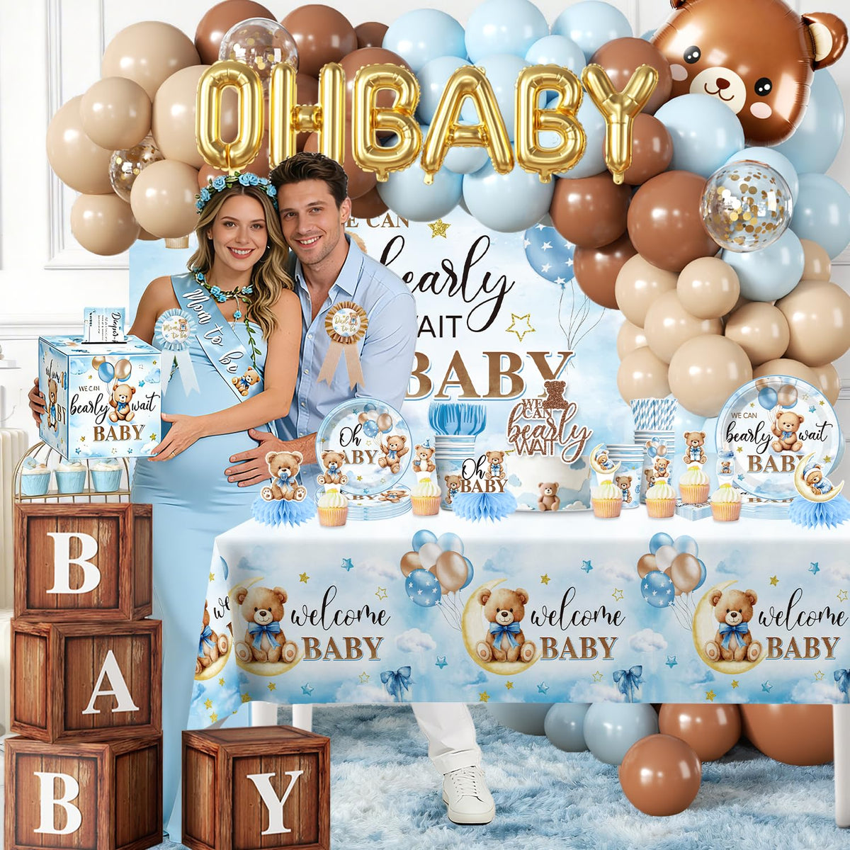 213Pcs cocomigo Blue Baby Boy Shower Decorations Tableware Set, 25 Serves