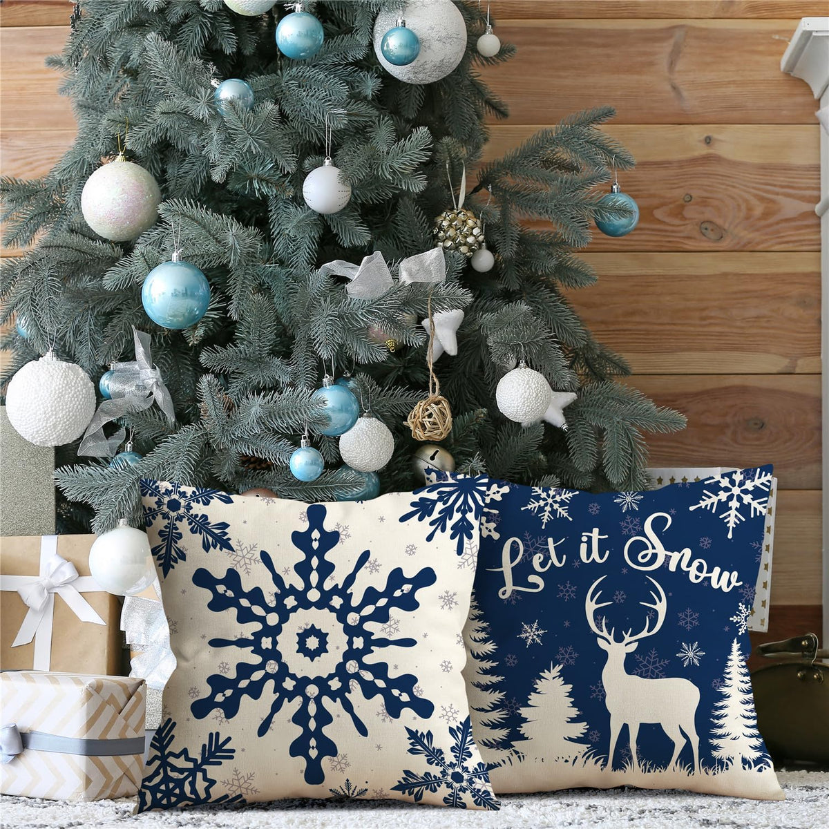 Christmas Pillow Covers 18x18 Blue Christmas Decorations Snowflake Reindeer Throw Pillow Covers
