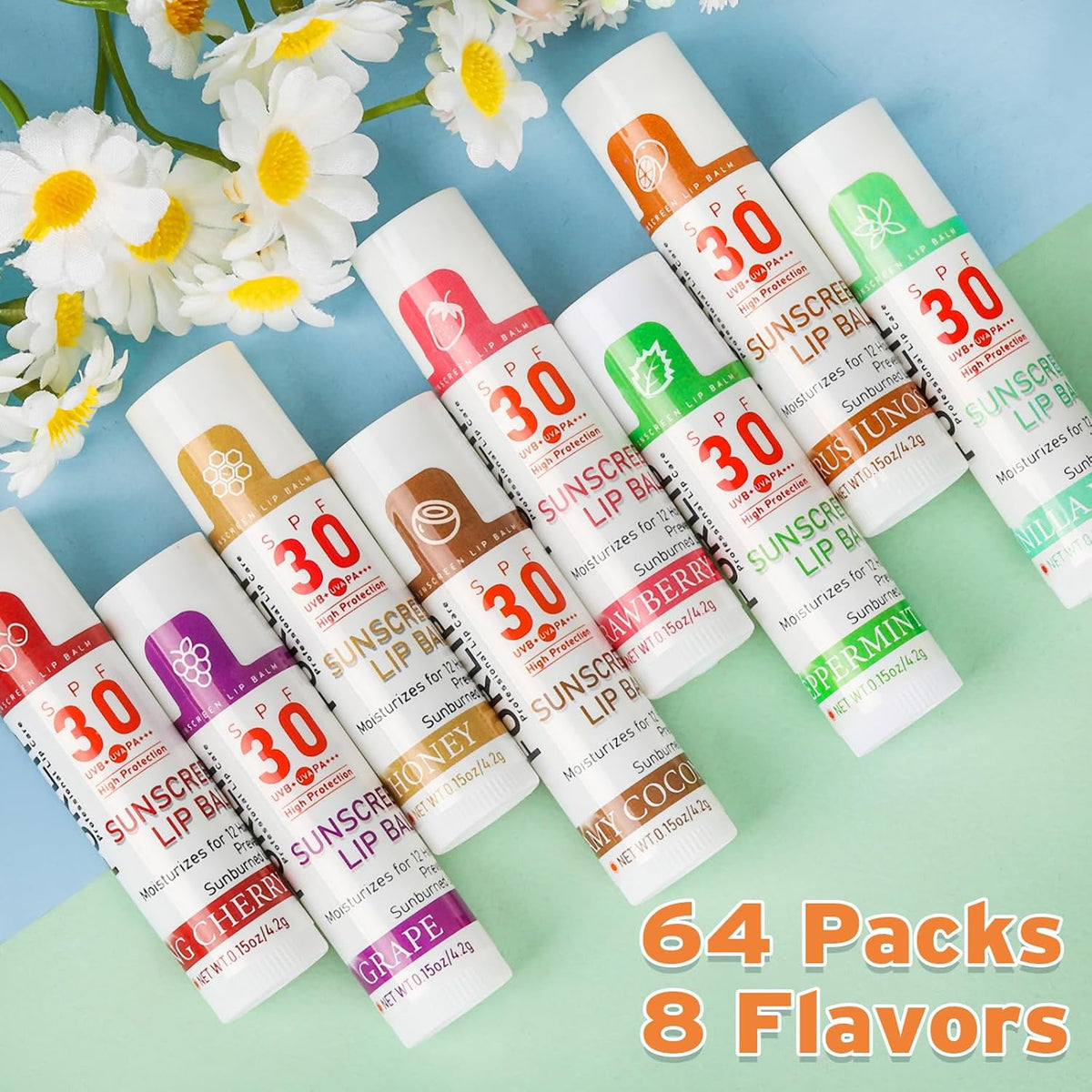 SPF 30 Sunscreen Lip Balm, Bulk Travel Size-64 Pack, Hydrating with Vitamin E & Coconut Oil- 8