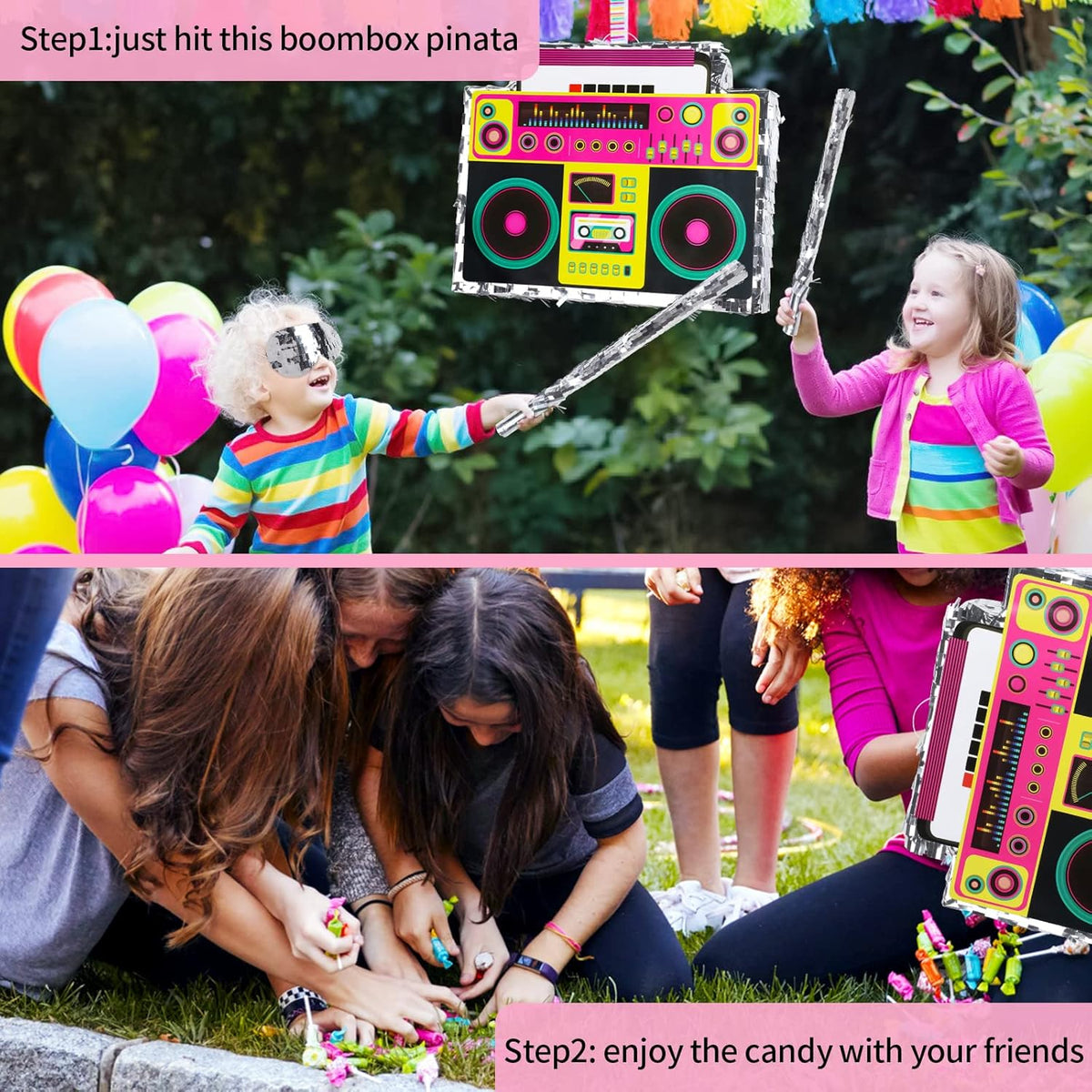 Boombox Pinata with Stick & Hanging Loop Retro 90s Hip Hop Mexican Pinata Game for Back to the 80s