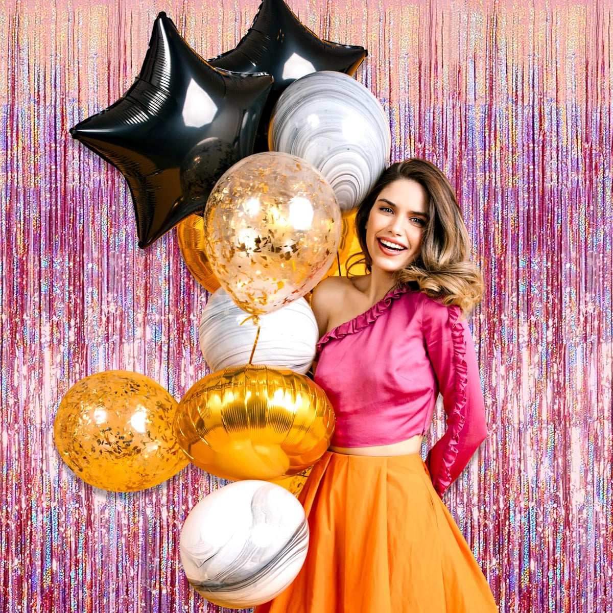 3 Pack Rose Gold Foil Fringe Curtain Backdrop, 3.28Ft x 8.2Ft Metallic Tinsel Foil Fringe Streamer
