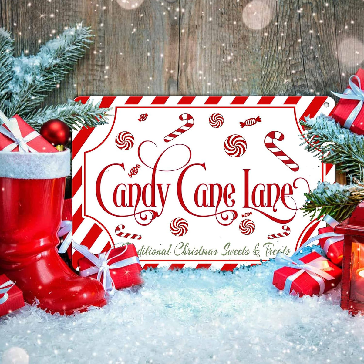 Christmas Candy Cane Lane Metal Tin Sign Traditional Christmas Sweets and Treats Winter Sign for