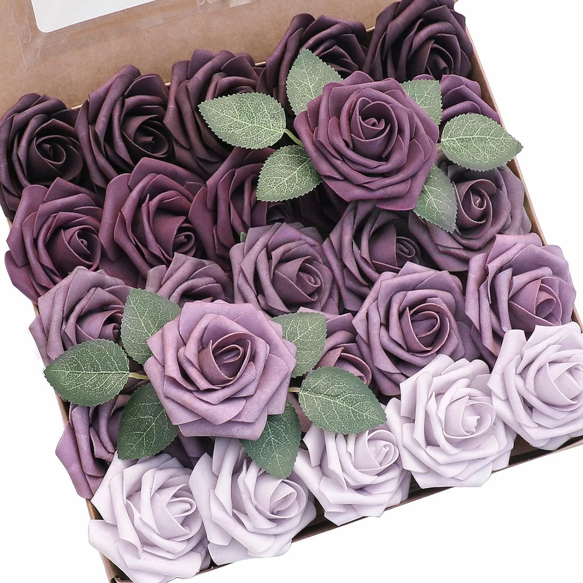 Floroom Artificial Flowers 25pcs Real Looking Plum Ombre Colors Foam Fake Roses with Stems for DIY