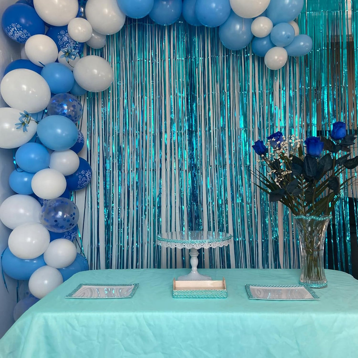 CANREVEL 2 Pack 3.3x8.2 Feet Light Blue Foil Fringe Backdrop Curtains, Tinsel Streamers Birthday