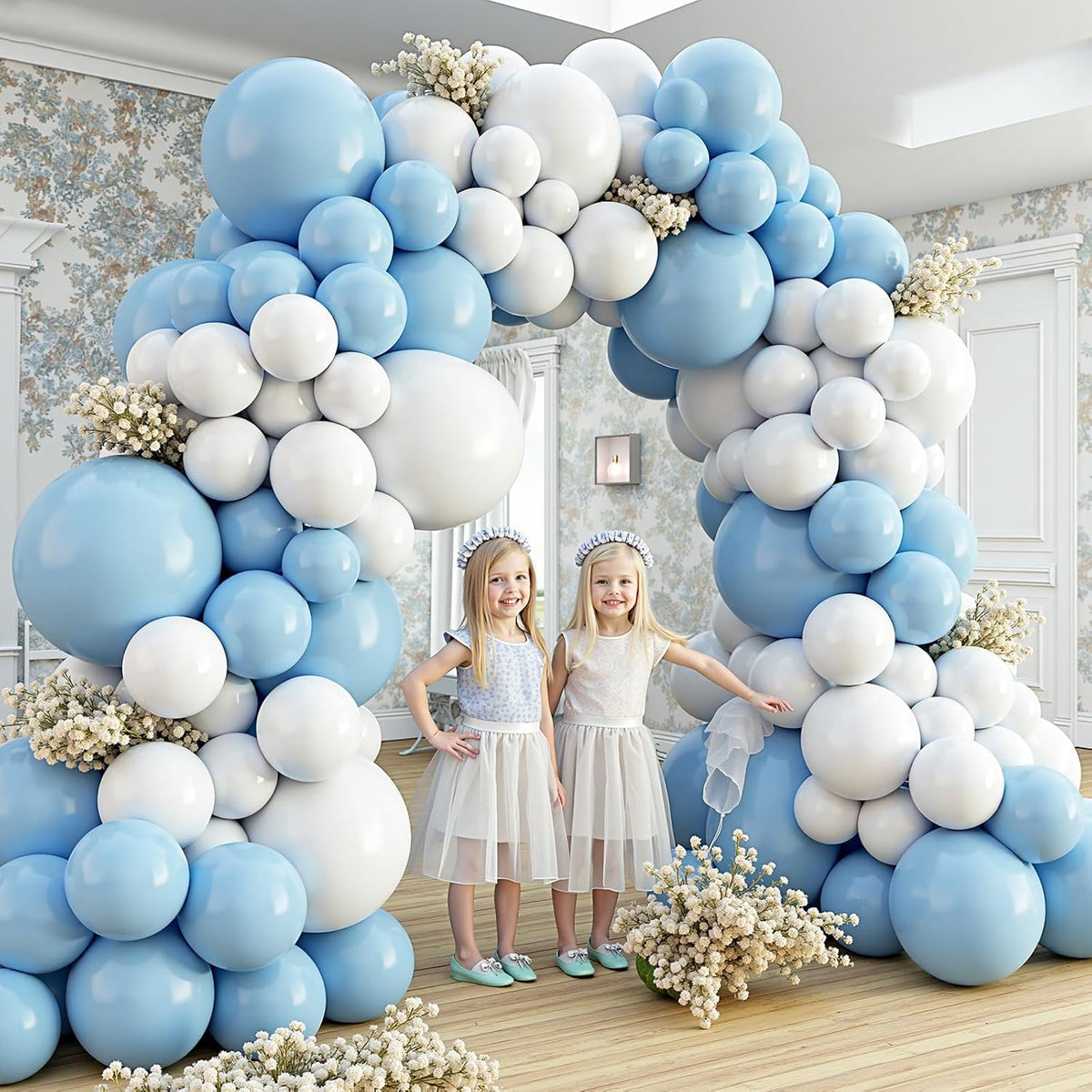 412Pcs Blue and White Balloon Arch Kit, 18 12 10 5 Inch Different Size Light Blue White Balloon